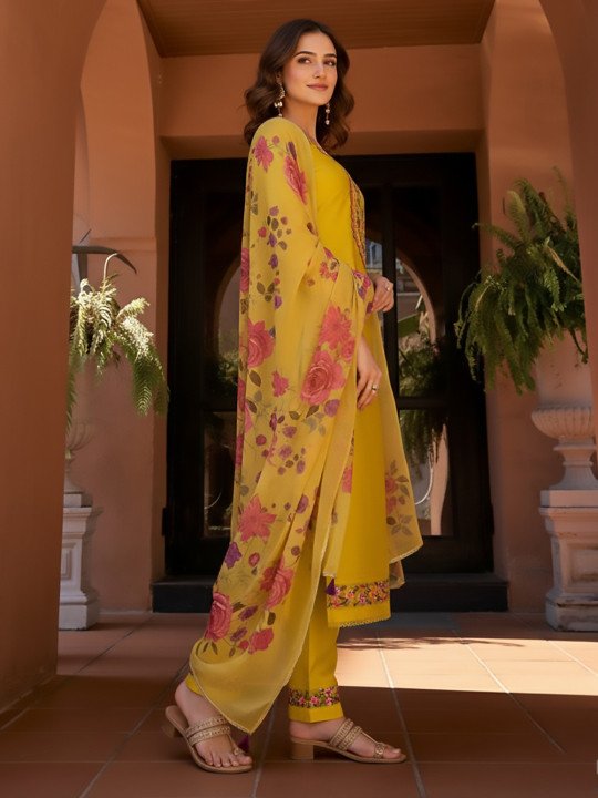 Floral Embroidered Round Neck Kurta &amp;amp; Trousers With Dupatta
