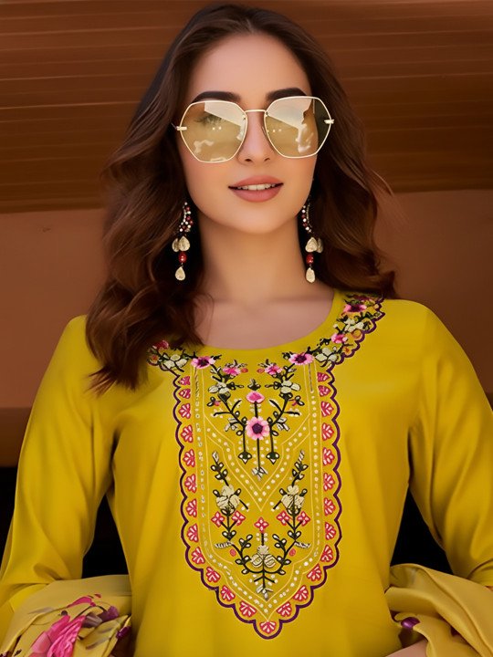 Floral Embroidered Round Neck Kurta &amp;amp; Trousers With Dupatta