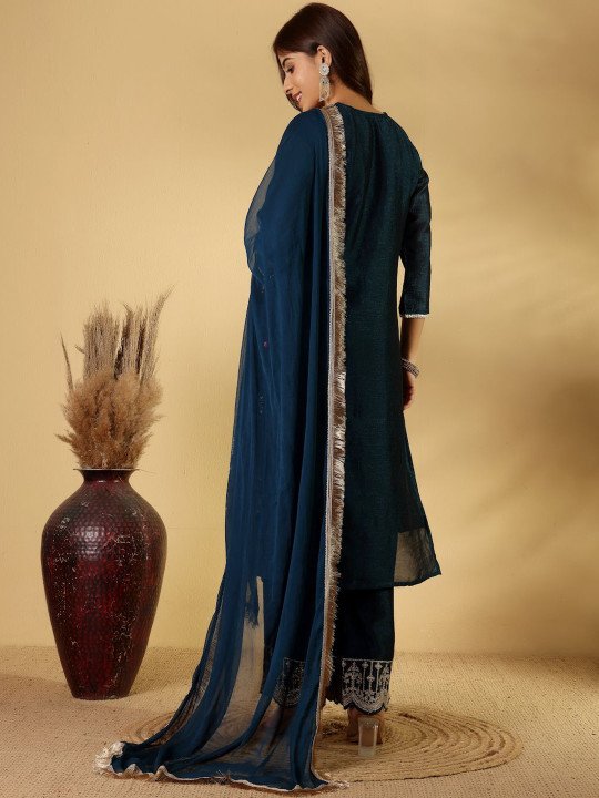 Floral Yoke Design Zari V-Neck Straight Kurta With Trousers And Dupatta