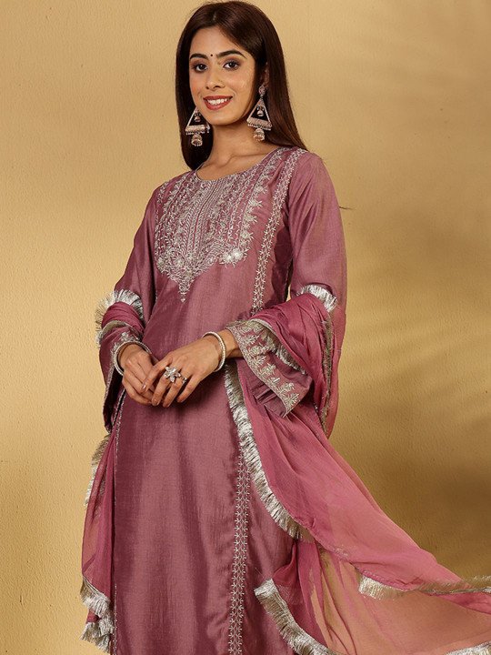 Yoke Design Zari Straight Kurta With Trouser &amp;amp; Dupatta