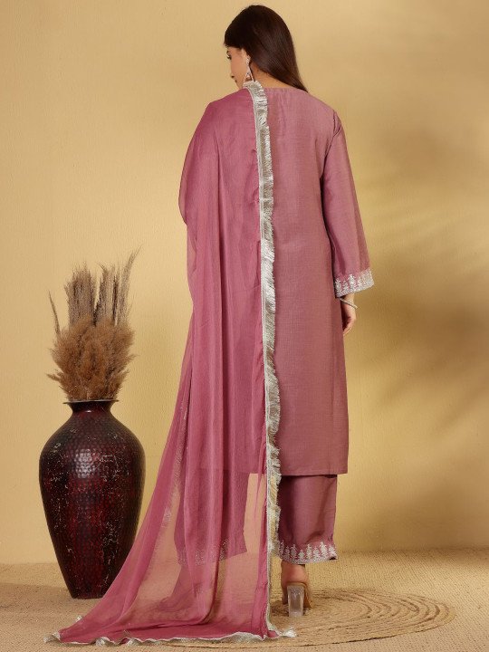 Yoke Design Zari Straight Kurta With Trouser &amp;amp; Dupatta