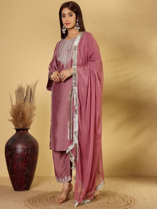 Yoke Design Zari Straight Kurta With Trouser &amp;amp; Dupatta