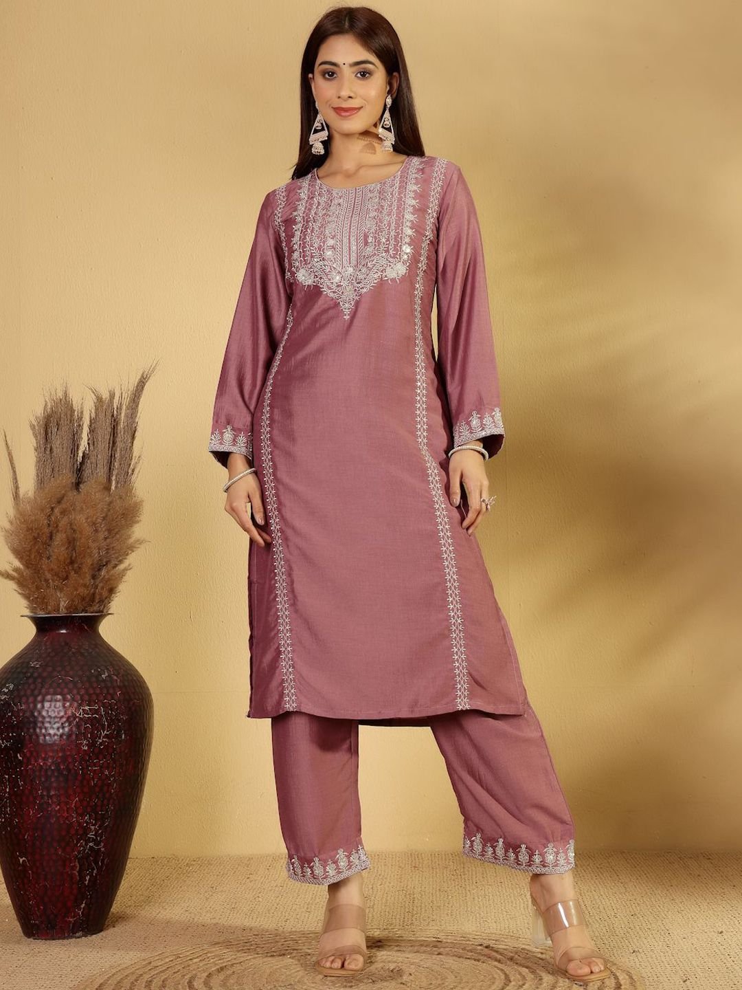 Yoke Design Zari Straight Kurta With Trouser &amp;amp; Dupatta