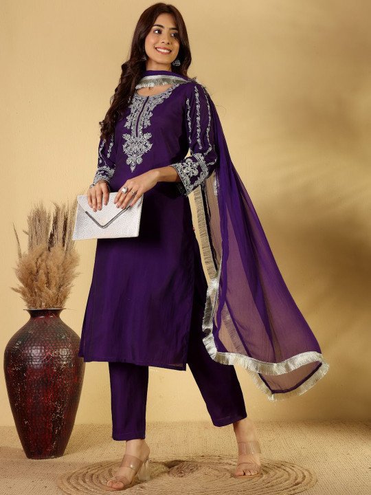 Embroidered Zari &amp;amp; Sequin Kurta With Trouser &amp;amp; Dupatta