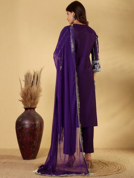 Embroidered Zari &amp;amp; Sequin Kurta With Trouser &amp;amp; Dupatta