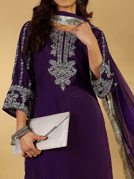 Embroidered Zari &amp;amp; Sequin Kurta With Trouser &amp;amp; Dupatta