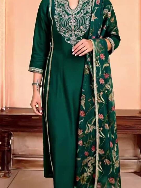 Floral Yoke Design Thread Work Straight Kurta With Trousers &amp;amp; Dupatta