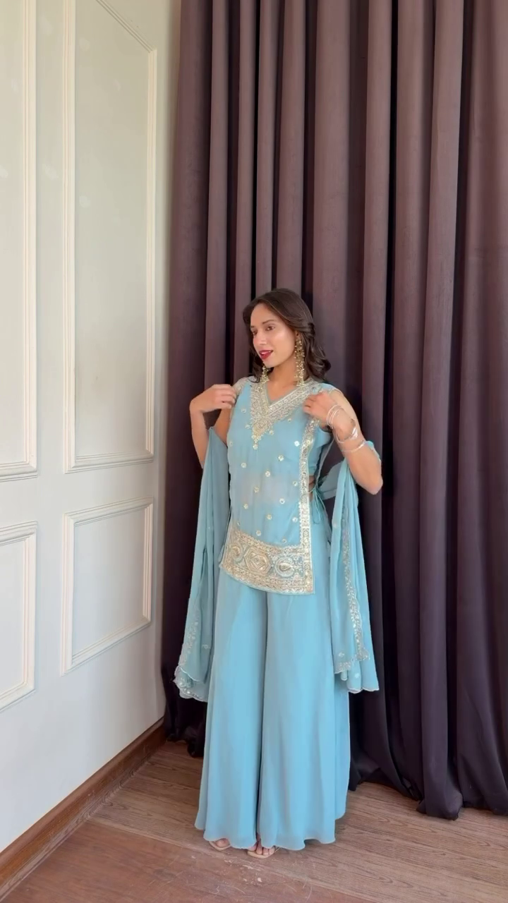 Women Embroidered Regular Sequinned Kurta with Sharara &amp;amp;amp;amp; With Dupatta