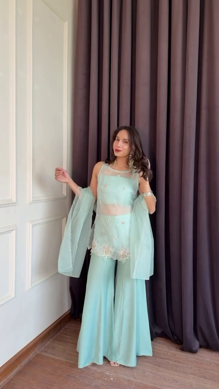 Women Embroidered Regular Sequinned Kurta with Sharara &amp;amp;amp;amp; With Dupatta