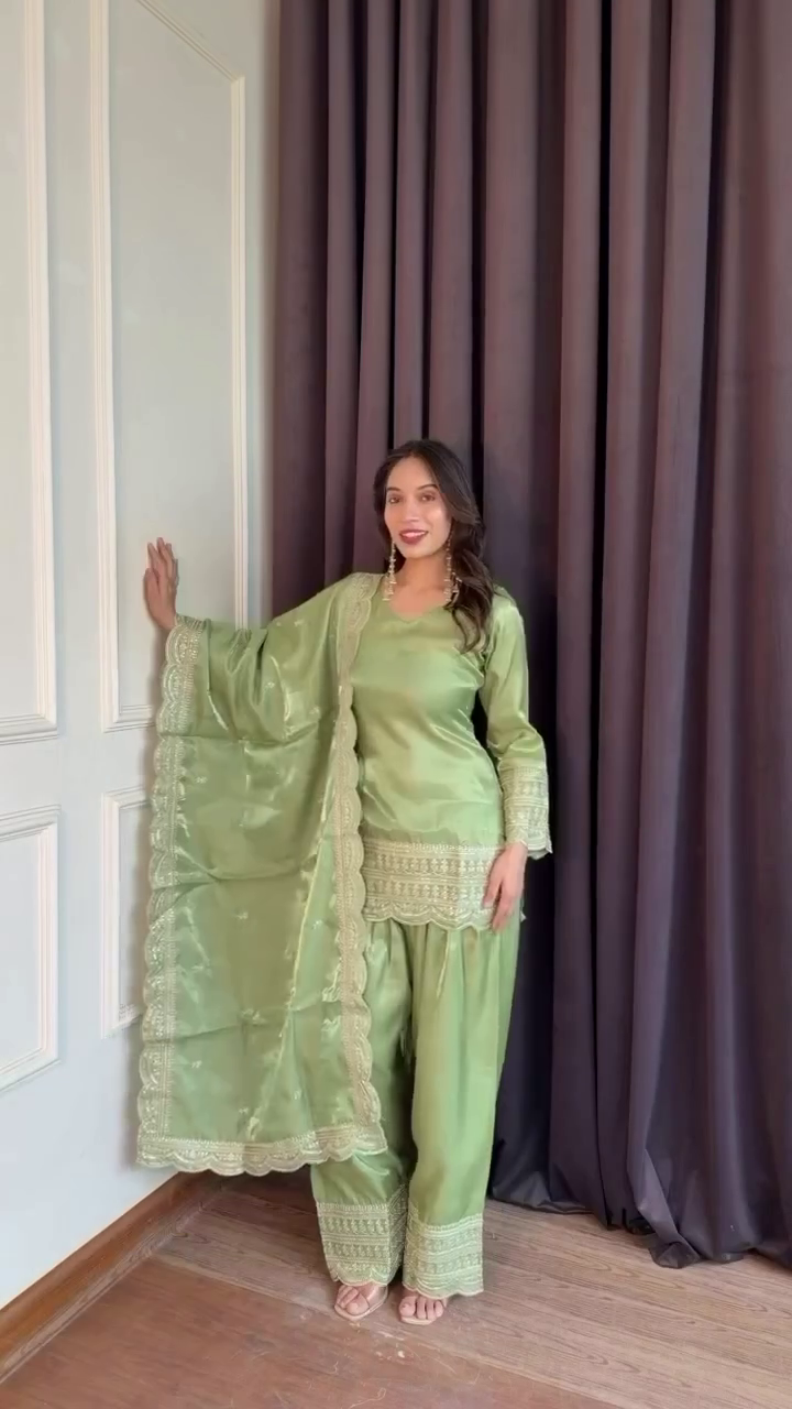 Women Embroidered Regular Sequinned Kurta with Sharara &amp;amp;amp;amp; With Dupatta