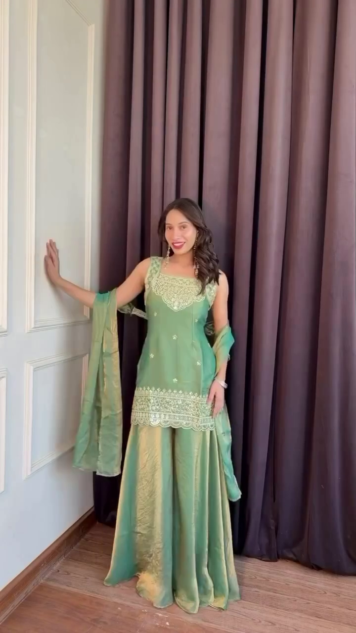 Women Embroidered Regular Sequinned Kurta with Sharara &amp;amp;amp;amp; With Dupatta