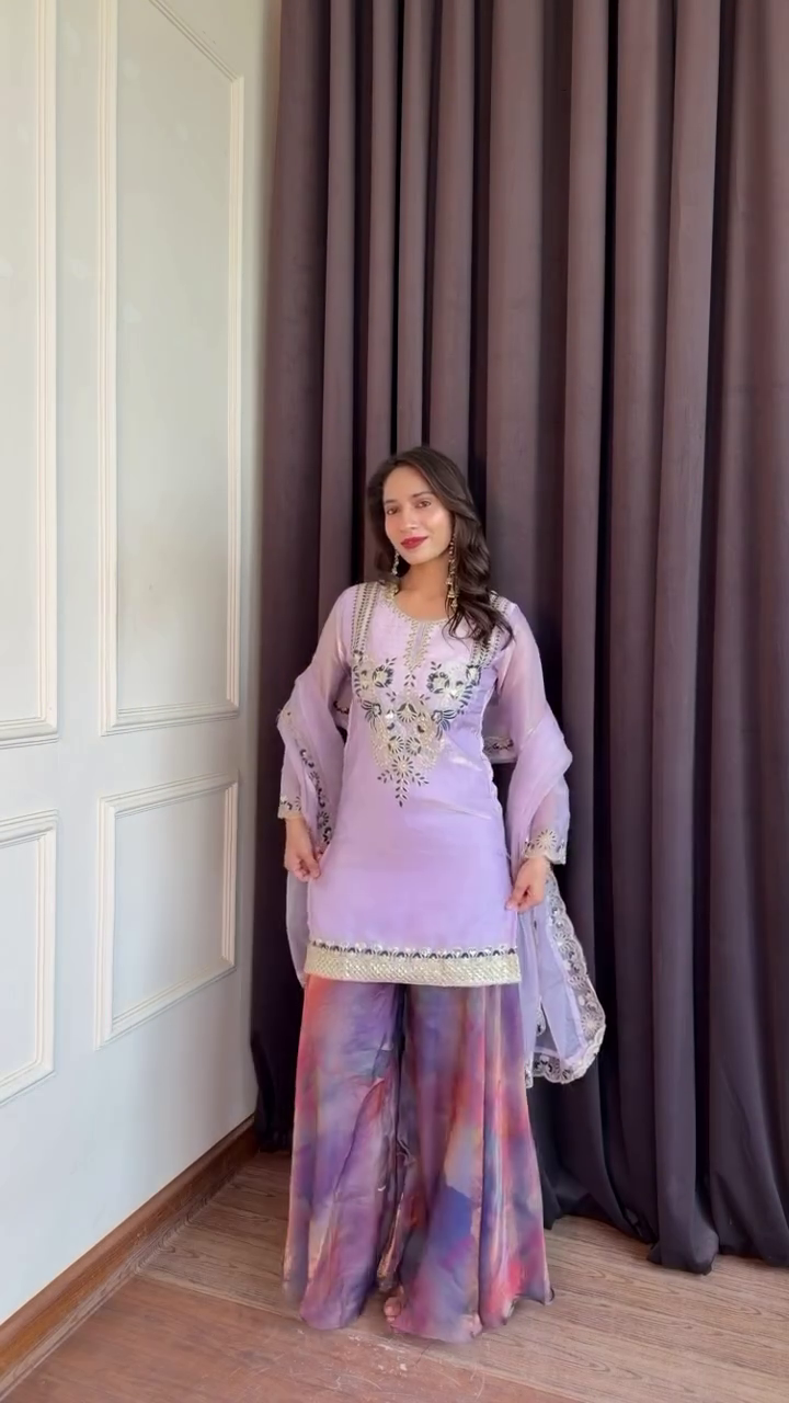 Women Embroidered Regular Sequinned Kurta with Sharara &amp;amp;amp;amp; With Dupatta