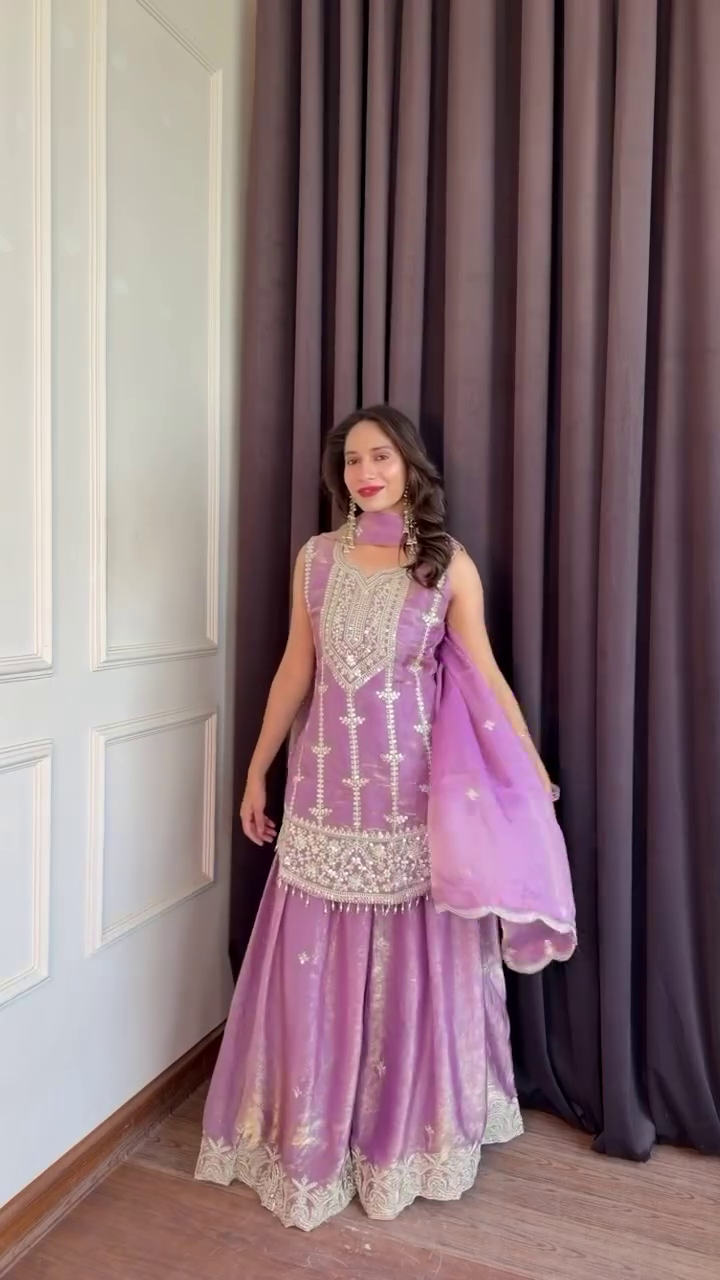 Women Embroidered Regular Sequinned Kurta with Sharara &amp;amp;amp;amp; With Dupatta