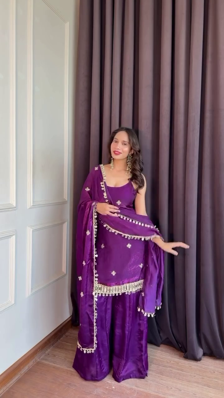 Women Embroidered Regular Sequinned Kurta with Sharara &amp;amp;amp;amp; With Dupatta