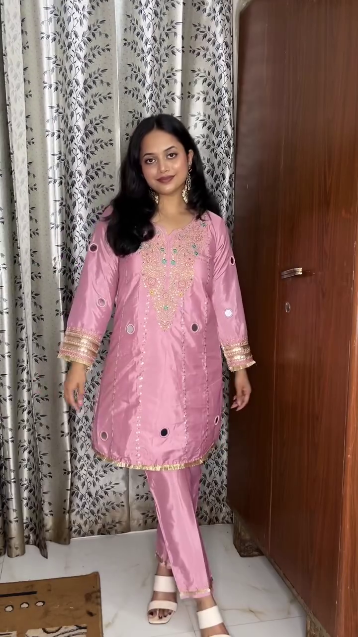 Embroidered Zari Mirror Work Ethnic Motifs Empire Kurta Trouser Set
