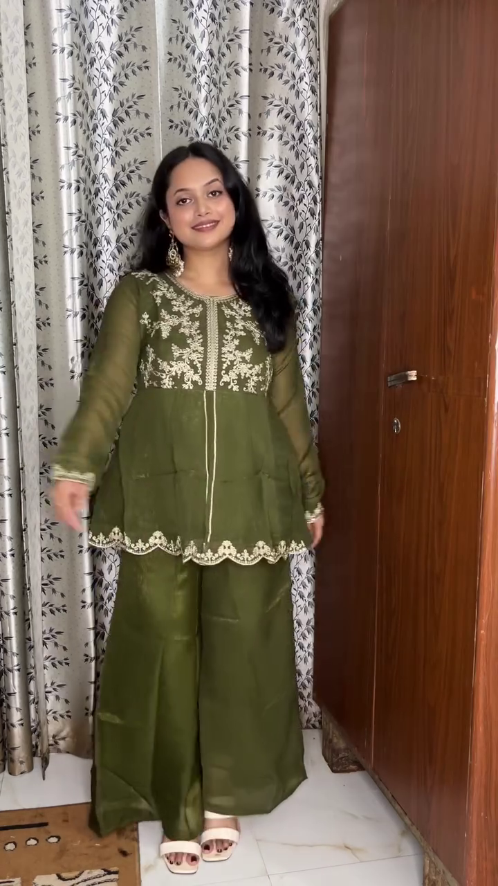 Embroidered Zari Mirror Work Ethnic Motifs Empire Kurta Trouser Set