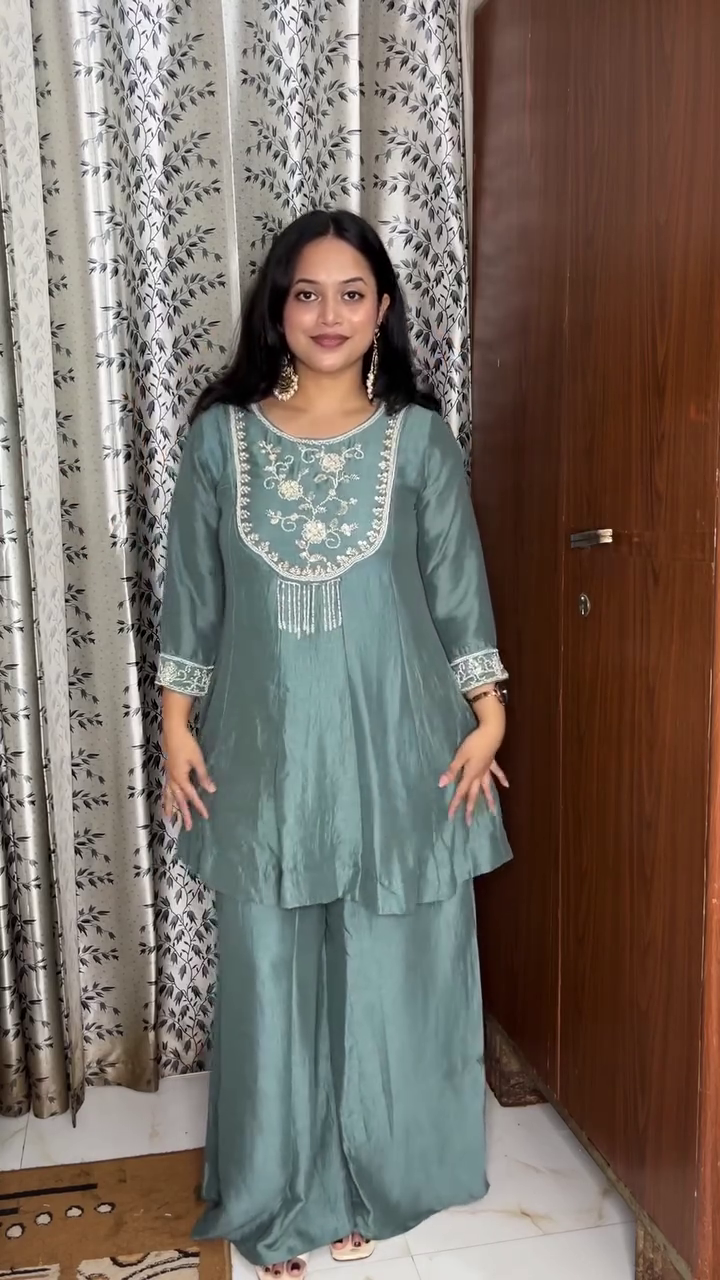 Embroidered Zari Mirror Work Ethnic Motifs Empire Kurta Trouser Set