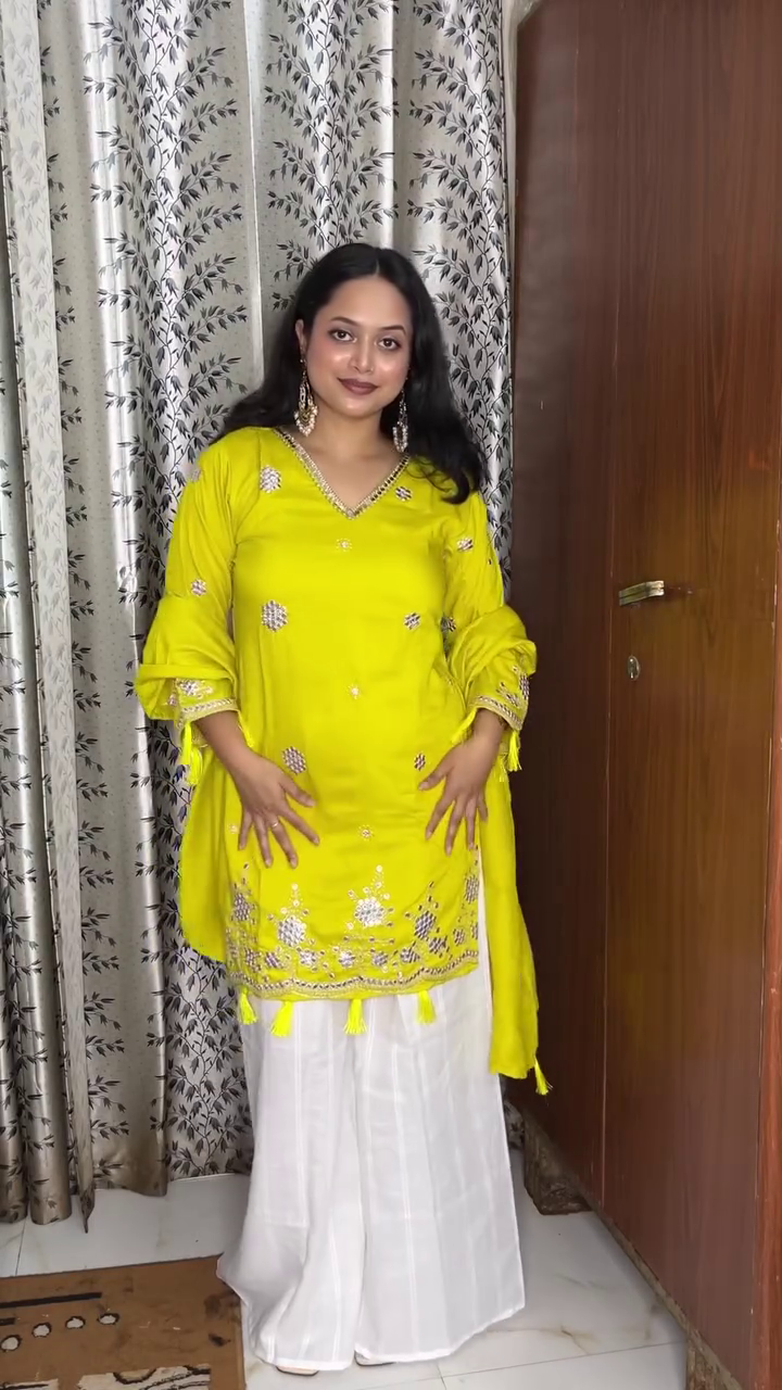 Embroidered Zari Mirror Work Ethnic Motifs Empire Kurta Trouser Set