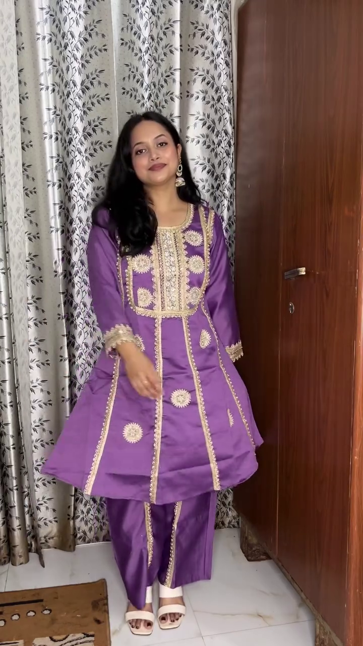 Embroidered Zari Mirror Work Ethnic Motifs Empire Kurta Trouser Set