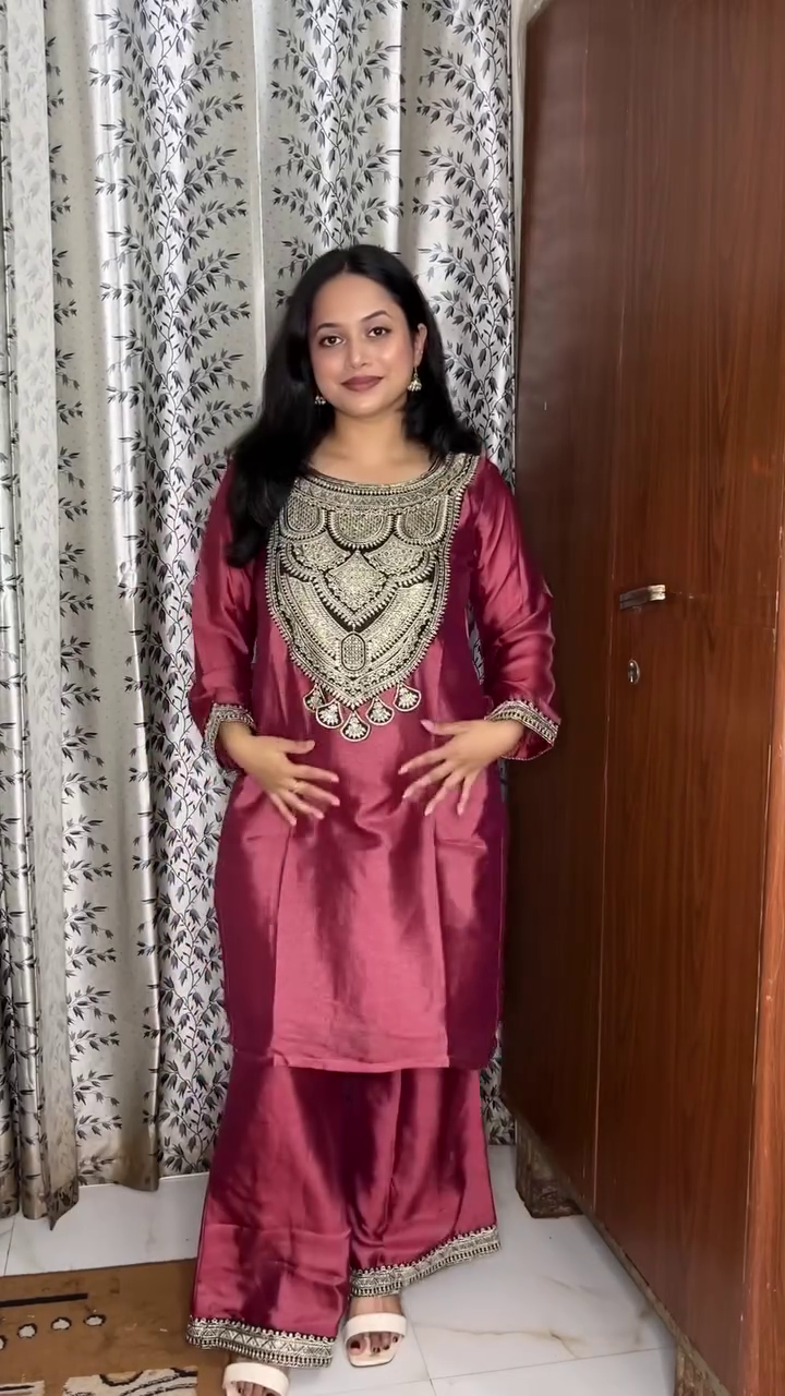 Embroidered Zari Mirror Work Ethnic Motifs Empire Kurta Trouser Set