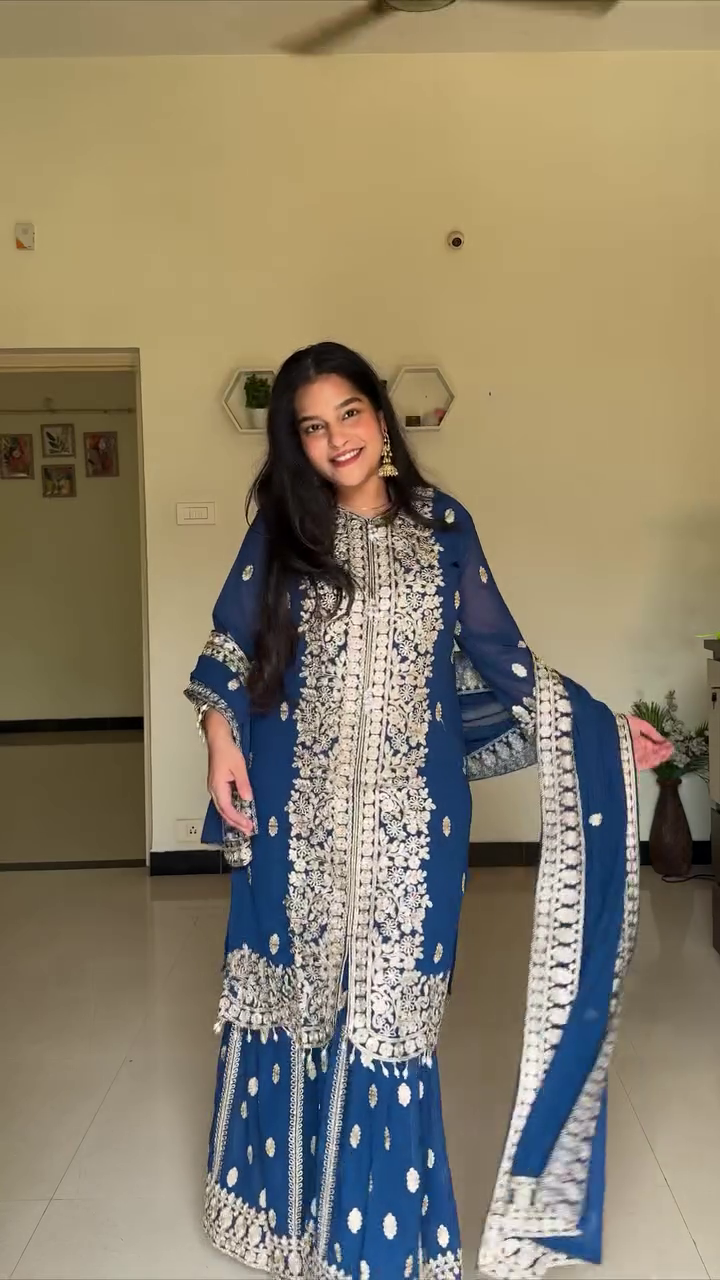 eavy Chinnon Silk Embroidered Sharara Kurti Set with Embroidery Sequence Work Dupatta.