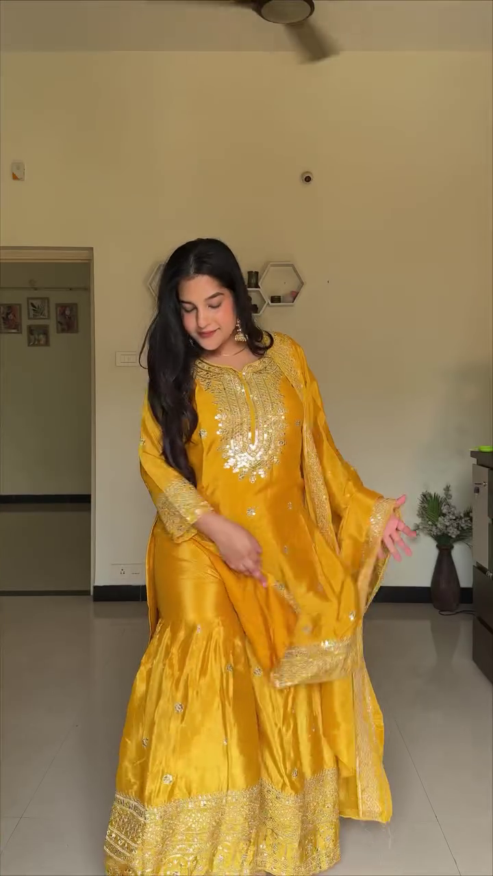 eavy Chinnon Silk Embroidered Sharara Kurti Set with Embroidery Sequence Work Dupatta.