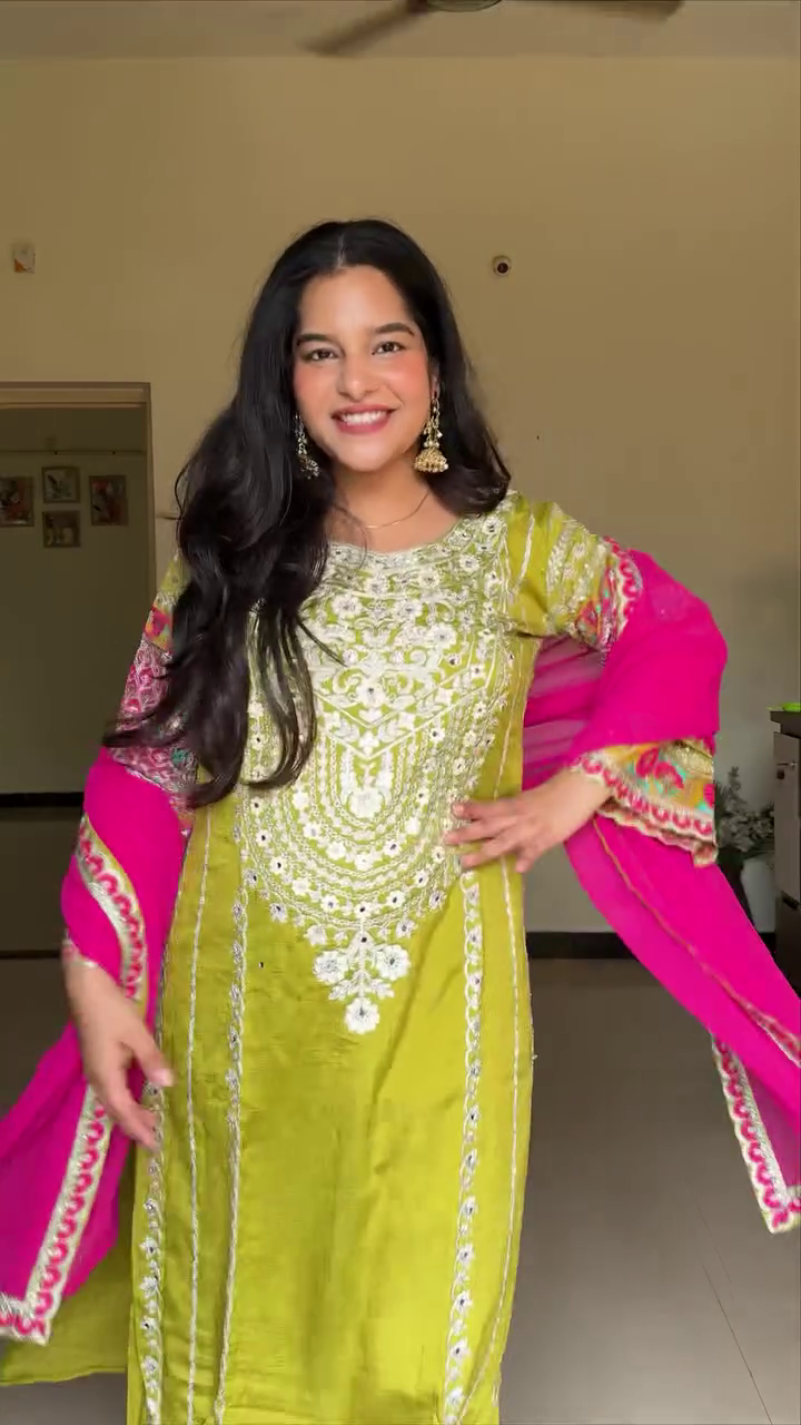 eavy Chinnon Silk Embroidered Sharara Kurti Set with Embroidery Sequence Work Dupatta.