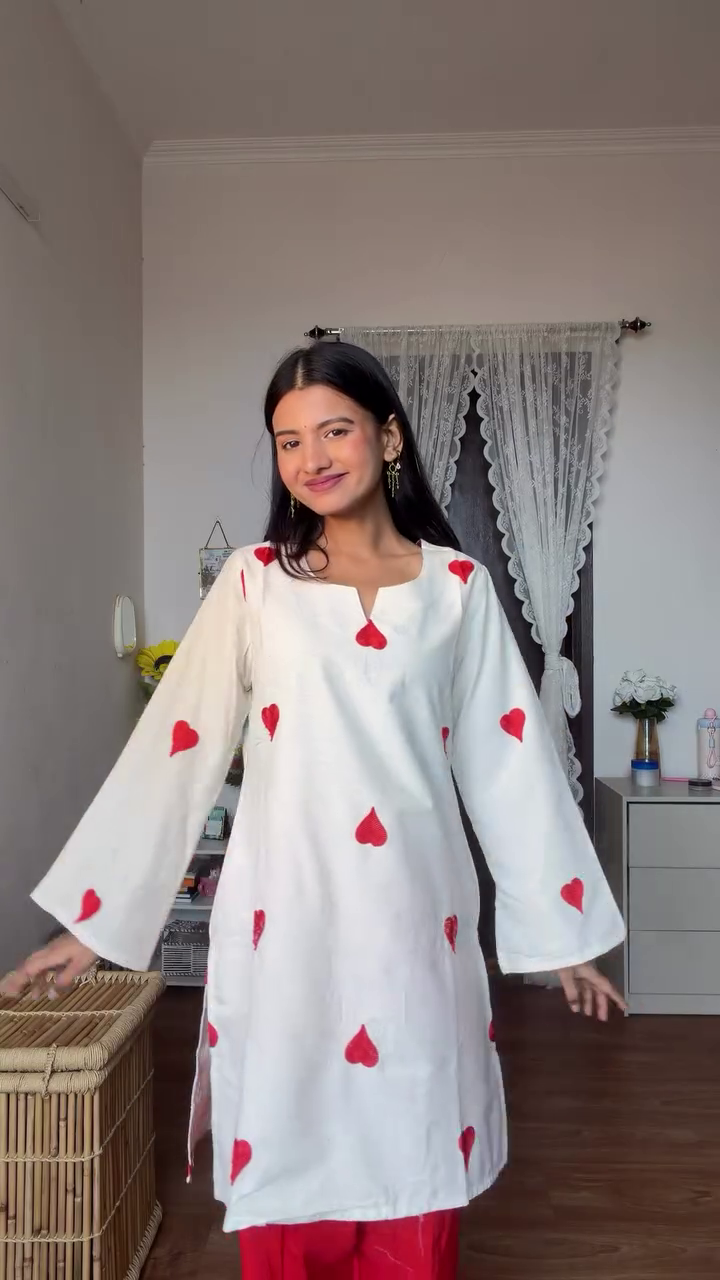 Women&amp;amp;#039;s Rayon Blend Heart Embroidered White and Red, Straight kurta Pent Dupatta Set
