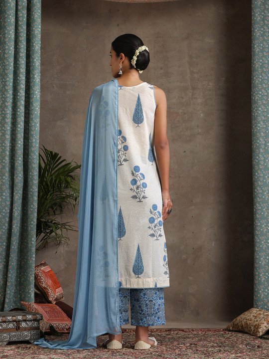 Floral Printed V-Neck Pure Cotton Straight Kurta With Palazzos &amp;amp; Dupatta