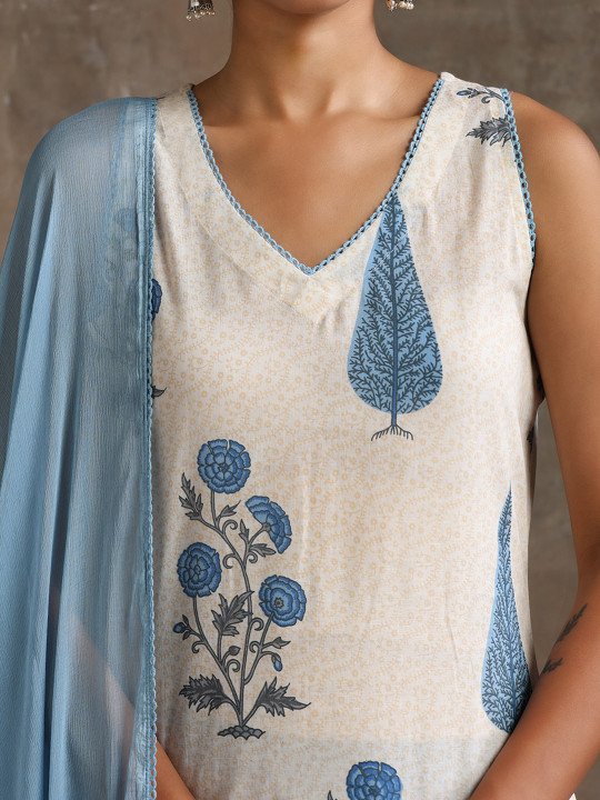 Floral Printed V-Neck Pure Cotton Straight Kurta With Palazzos &amp;amp; Dupatta