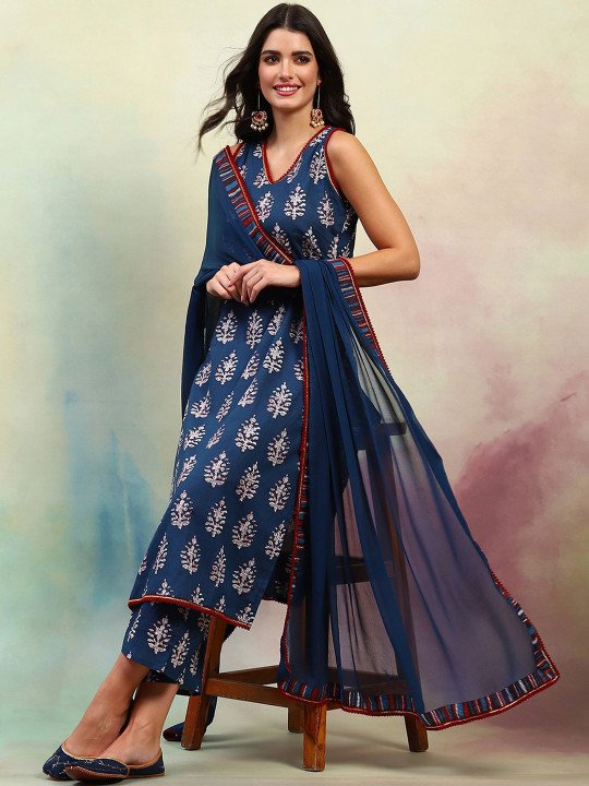 Ethnic Motifs Printed V-Neck Sleeveless Pure Cotton Kurta with Palazzo &amp;amp; Dupatta
