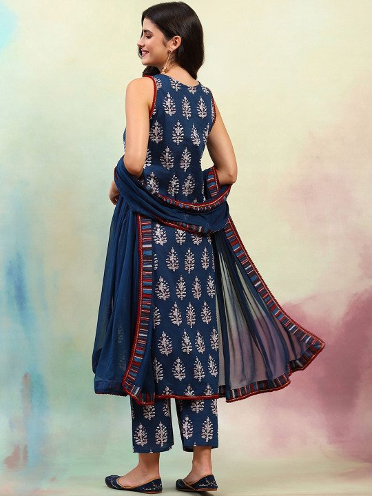 Ethnic Motifs Printed V-Neck Sleeveless Pure Cotton Kurta with Palazzo &amp;amp; Dupatta