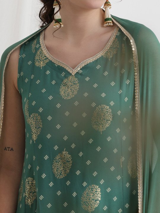 Floral Foil Printed Sweetheart Neck Kurta With Trousers &amp;amp; Dupatta