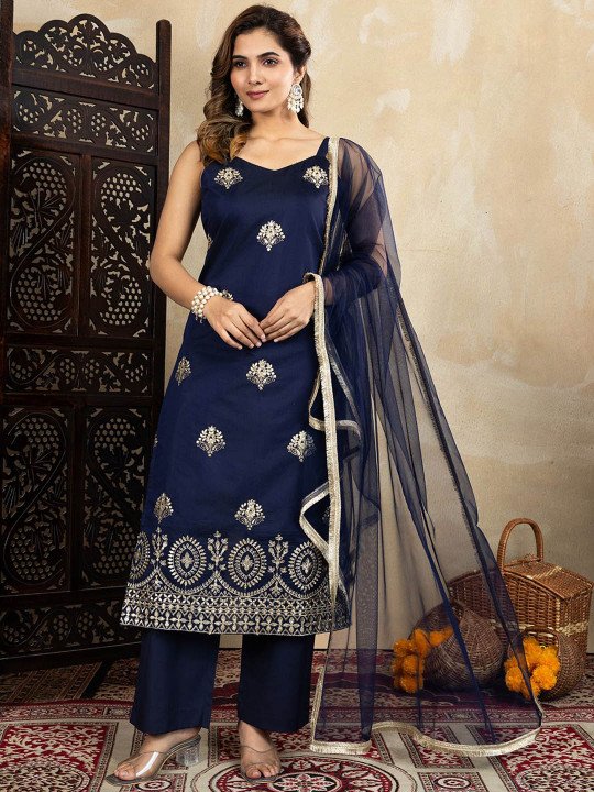 Floral Embroidered Shoulder Straps Straight Kurta &amp;amp; Trousers With Dupatta