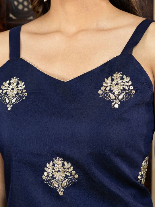 Floral Embroidered Shoulder Straps Straight Kurta &amp;amp; Trousers With Dupatta