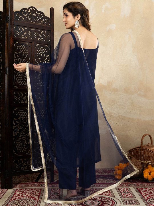 Floral Embroidered Shoulder Straps Straight Kurta &amp;amp; Trousers With Dupatta