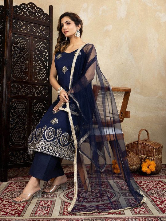 Floral Embroidered Shoulder Straps Straight Kurta &amp;amp; Trousers With Dupatta