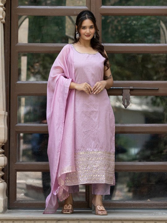 Women Ethnic Motifs Regular Thread Work Kurta with Trousers &amp;amp; With Dupatta