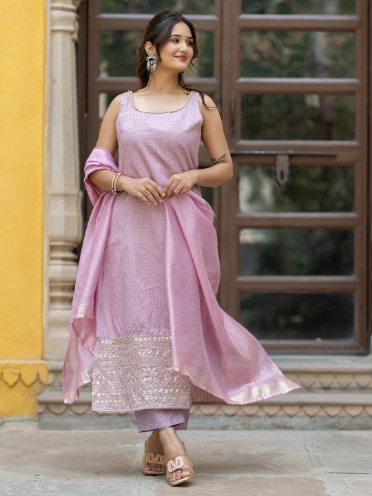 Women Ethnic Motifs Regular Thread Work Kurta with Trousers &amp;amp; With Dupatta