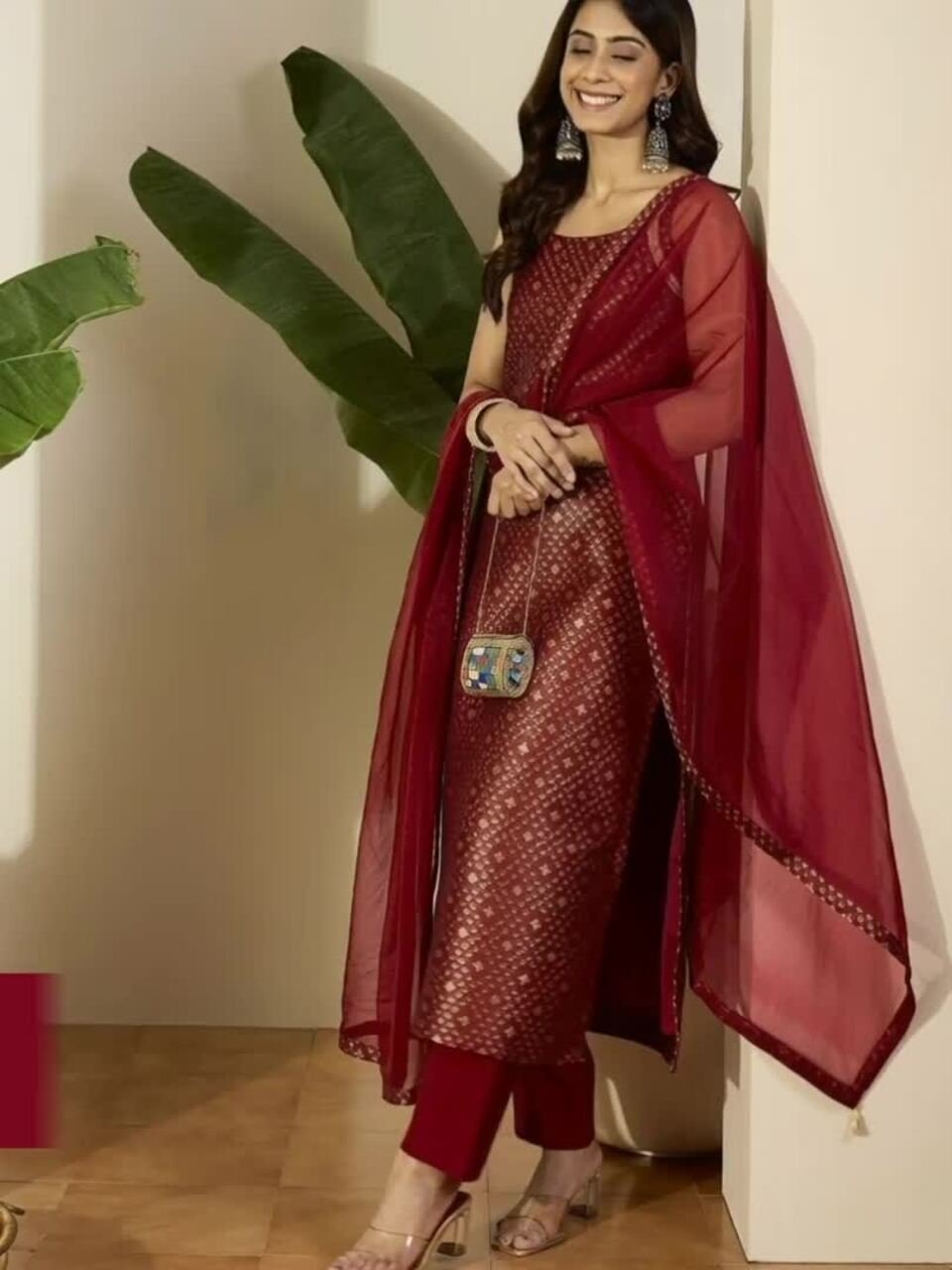Woven Design Straight Kurta With Trousers &amp;amp; Dupatta