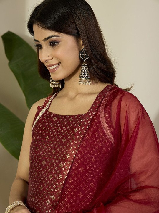 Woven Design Straight Kurta With Trousers &amp;amp; Dupatta
