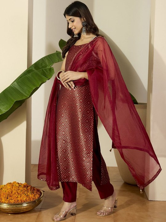 Woven Design Straight Kurta With Trousers &amp;amp; Dupatta