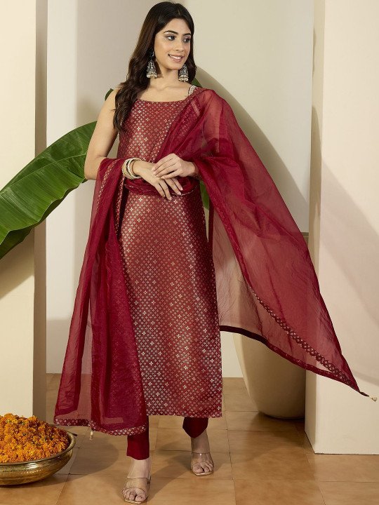 Woven Design Straight Kurta With Trousers &amp;amp; Dupatta
