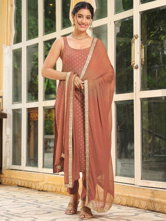 Floral Printed Square Neck Sleeveless Straight Kurta With Trousers &amp;amp; Dupatta
