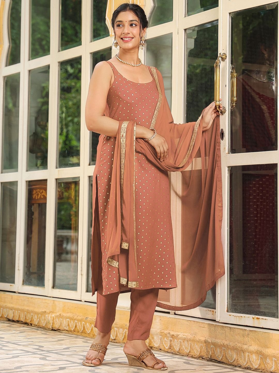 Floral Printed Square Neck Sleeveless Straight Kurta With Trousers &amp;amp; Dupatta