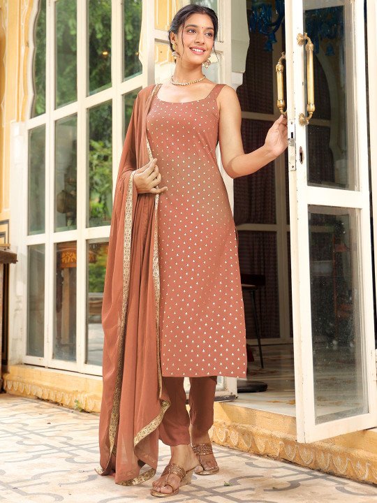 Floral Printed Square Neck Sleeveless Straight Kurta With Trousers &amp;amp; Dupatta